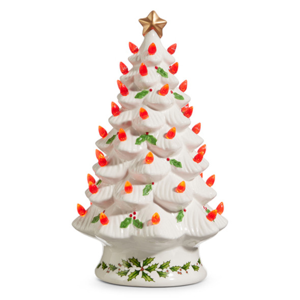 Raz 13" Árvore De Cerâmica De Azevinho Vintage Iluminada Decoração De Natal 4419049 -2