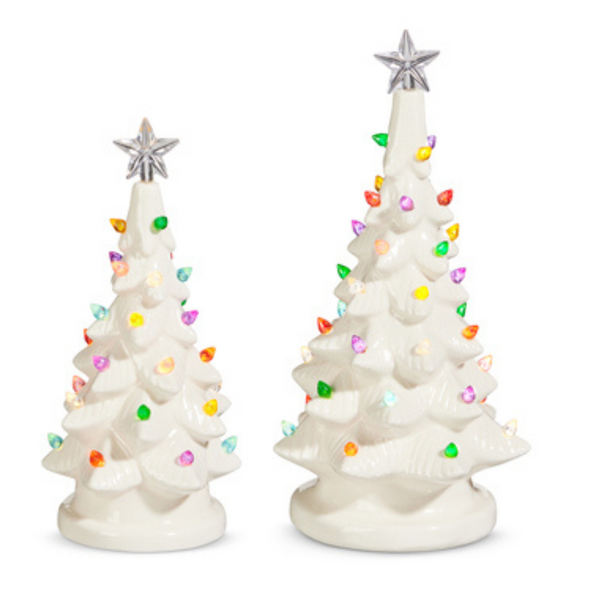 Figura de árbol de Navidad de cerámica vintage blanca iluminada Raz de 7,25 "o 9,25"