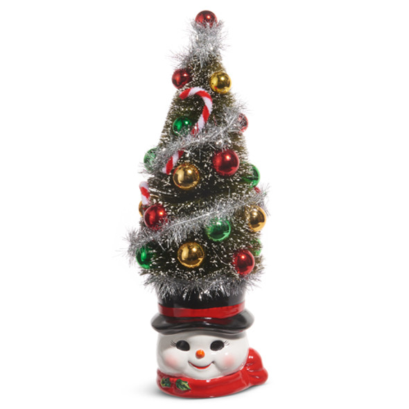 Raz 14" Bottle Brush Tree Snowman Mug Christmas Decoration 4419120