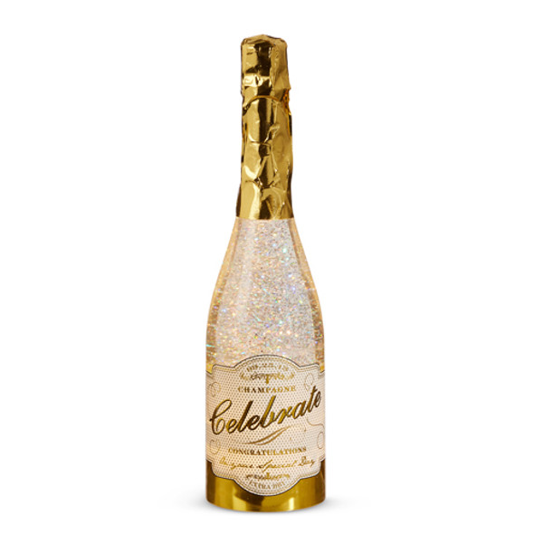 Botella de champán iluminada Raz Eric Cortina de 12,5 "con globo de agua navideño con purpurina arremolinada 4419269