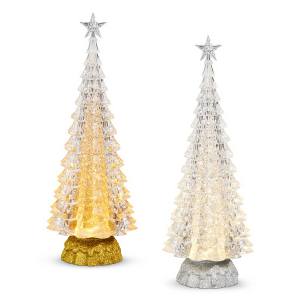 شجرة مضاءة باللون الفضي أو الذهبي مقاس 15 بوصة من raz مع زينة دوامة لامعة على شكل كرة مائية لعيد الميلاد