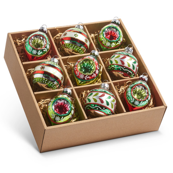 Raz 3,5" scatola da 9 ornamenti natalizi in vetro di ispirazione vintage 4420864