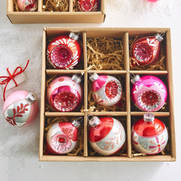 Raz 3" Box mit 9 rosa Vintage-Weihnachtsornamenten aus Glas 4422850