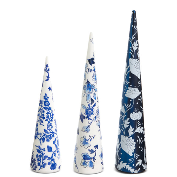 Raz Set of 3 Blue and White Delft Botanical Glass Trees Christmas Decorations 4422866