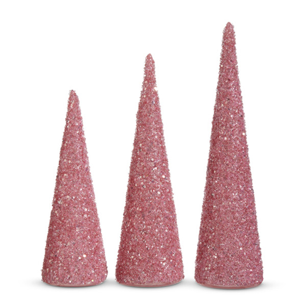 Raz 14" Set of 3 Lighted Pink Beaded Cone Christmas Tree Decoration 4422914