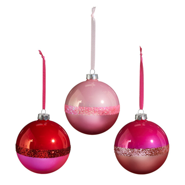 Raz 4" Set of 3 Pink Two Tone Glass Ball Christmas Ornament 4422978