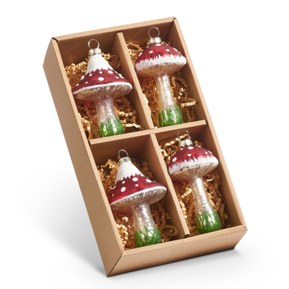 Raz 3.5" Box of 4 Red Mushroom Glass Christmas Ornament Set 4424518