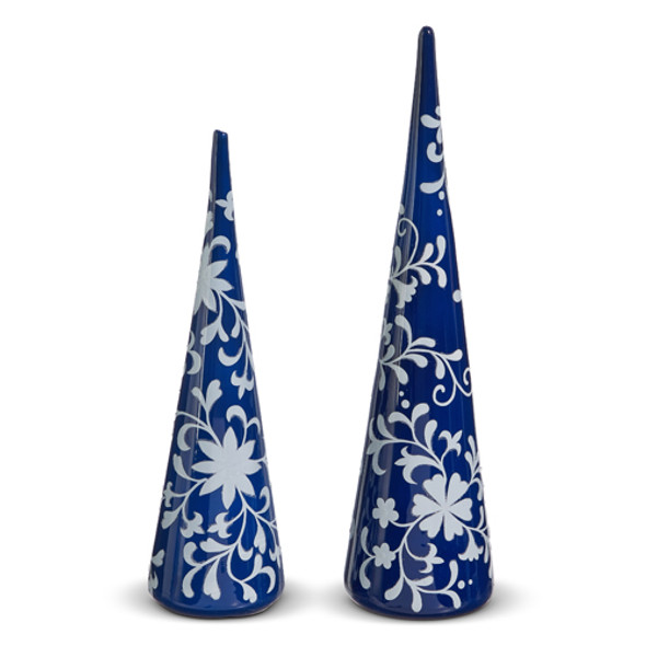 Raz 16" Ensemble de 2 décorations d'arbre de Noël en verre Delt floral bleu et blanc 4424530