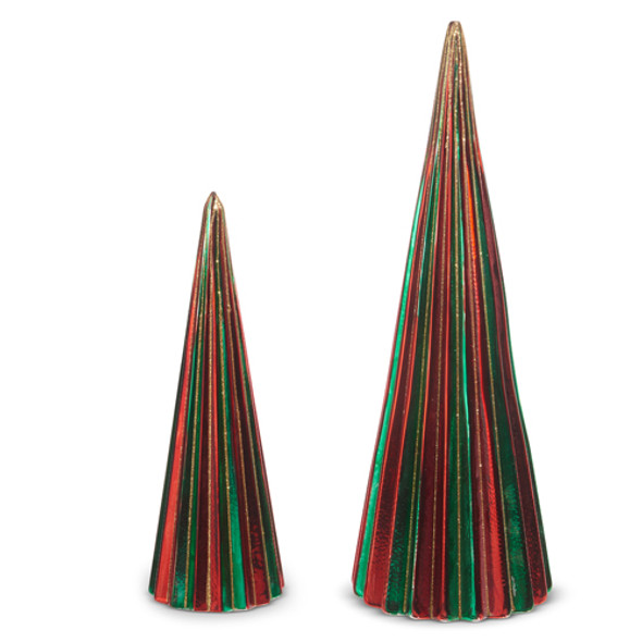 Raz 14" Set of 2 Green and Red Ribbed Glass Trees Figure 4424654