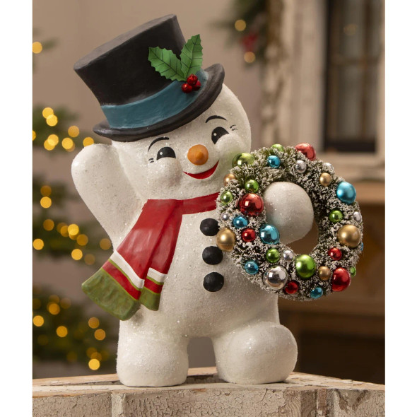 Bethany Lowe 17.25" Large Snowman with Wreath Vintage Christmas Decor TJ3321