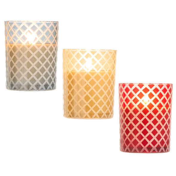 Raz 4" x 5" Smoke Grey, Gold, or Red Etched Glass Flameless Candle Raz 4" x 5" Smoke Grey, Gold, or Red Etched Glass Flameless Candle