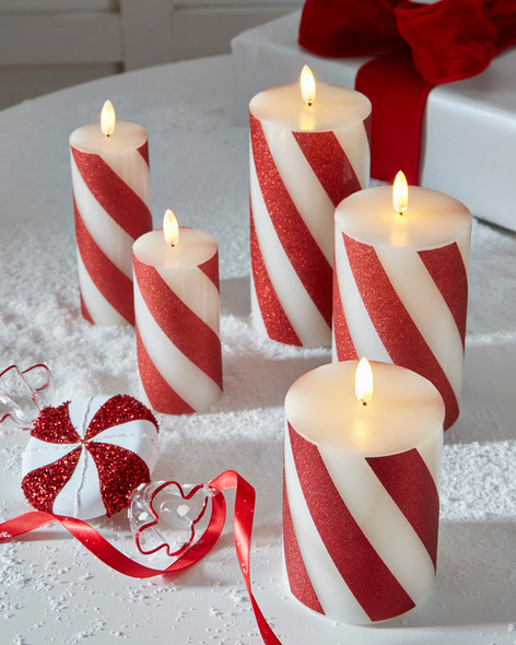 Raz Red and White Striped Battery Operated Pillar Candle with Realistic Flame Raz Red and White Striped Battery Operated Pillar Candle with Realistic Flame
