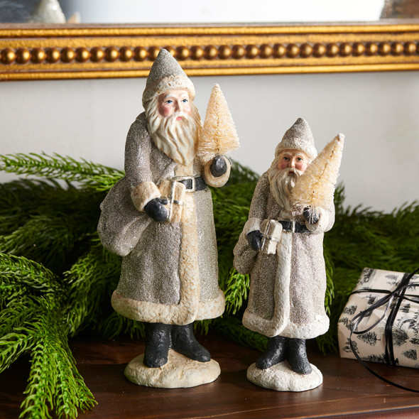 Raz 10" and 8.25" Silver Glitter Vintage Santa Christmas Figures Set of 2 4507000
