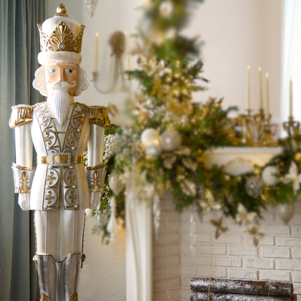 Raz 76" Large Indoor Outdoor Gold and White Nutcracker Christmas Decoration 4510517 Raz 76" Large Indoor Outdoor Gold and White Nutcracker Christmas Decoration 4510517