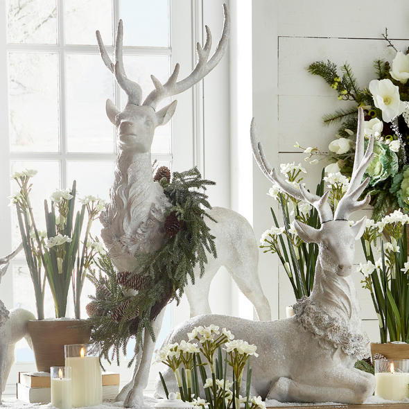 Raz Large White Iced Sitting or Standing Deer with Holly Wreath Christmas Decoration 