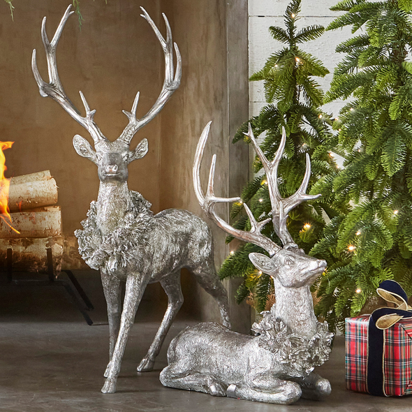 Raz Large Sitting or Standing Silver Deer with Wreath Christmas Figure Raz Large Sitting or Standing Silver Deer with Wreath Christmas Figure