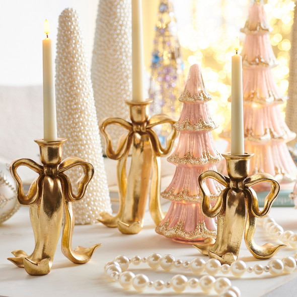 Raz 9" Gold Bow Christmas Candlestick Holders Set of 3 4512201 Raz 9" Gold Bow Christmas Candlestick Holders Set of 3 4512201