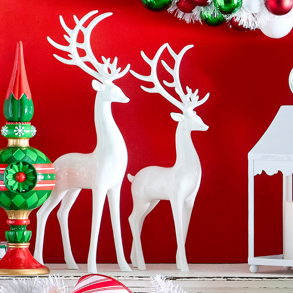 Raz 16.75" High Shine White Deer Christmas Figures Set of 2 4512217