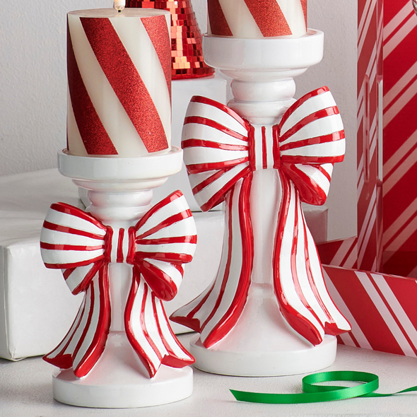 Raz 10" Red & White Striped Bow Christmas Pillar Candle Holder 4512233 Raz 10" Red & White Striped Bow Christmas Pillar Candle Holder 4512233