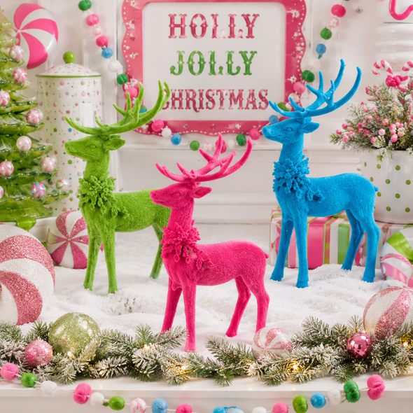 Raz 14" Pink, Green, or Blue Large Flocked Deer Christmas Figure 4512253-5