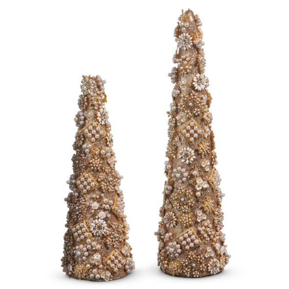 Raz 17.5" Set of 2 Gold Jewel and Pearl Brooch Cone Trees 4513520 -2 Raz 17.5" Set of 2 Gold Jewel and Pearl Brooch Cone Trees 4513520 -2