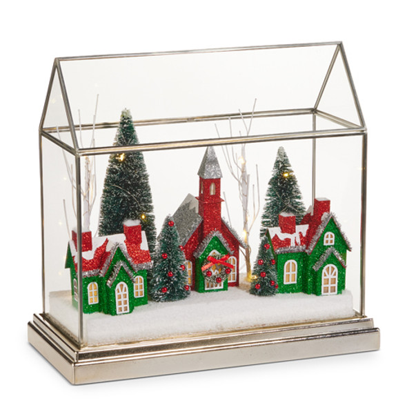 Raz 12.75" Lighted Red and Green House in Terrarium Christmas Decoration 4515559 Raz 12.75" Lighted Red and Green House in Terrarium Christmas Decoration 4515559