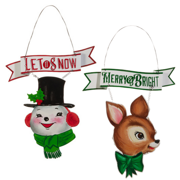 Raz 14" Metal and Wood Sparkle Snowman or Reindeer Christmas Sign