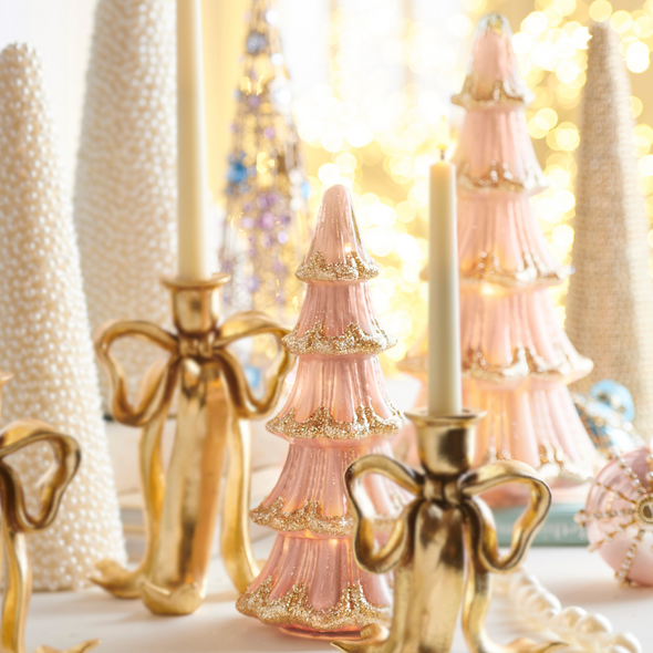 Raz 14.5" Pink and Gold Lighted Christmas Trees Decoration Set of 24516731 Raz 14.5" Pink and Gold Lighted Christmas Trees Decoration Set of 24516731