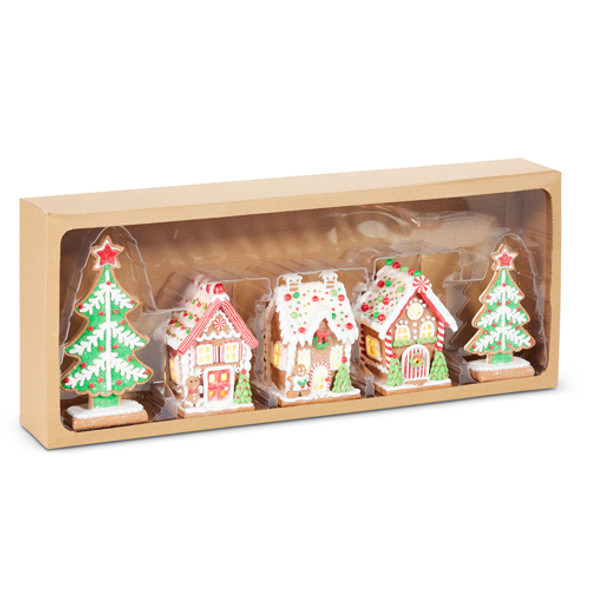 Raz 8.25" Lighted Colorful Gingerbread Houses and Trees 5 pc Christmas Decoration 4516766 Raz 8.25" Lighted Colorful Gingerbread Houses and Trees 5 pc Christmas Decoration 4516766
