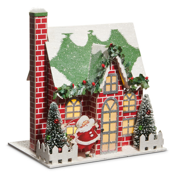 Raz 9" Lighted Brick Paper House with Vintage Santa Christmas House 4519184 Raz 9" Lighted Brick Paper House with Vintage Santa Christmas House 4519184