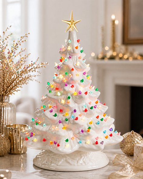 Raz 16.5" Lighted Vintage White Ceramic Christmas Tree Decoration 4519222-2