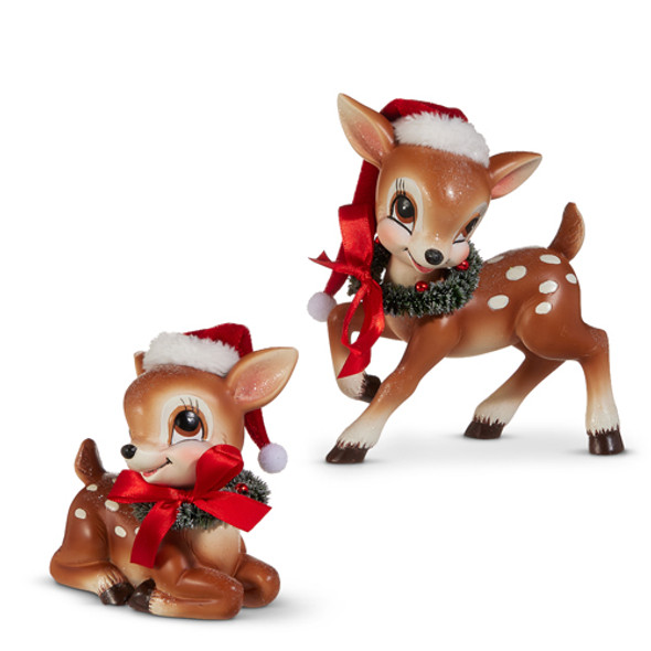 Raz 5.75" Cutesy Deer with Wreath Vintage Christmas Figures Set of 2 4520056 Raz 5.75" Cutesy Deer with Wreath Vintage Christmas Figures Set of 2 4520056
