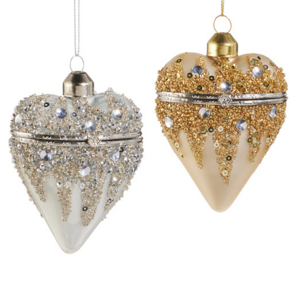 Raz 3.5" White or Gold Heart Shaped Box Glass Christmas Ornament Raz 3.5" White or Gold Heart Shaped Box Glass Christmas Ornament