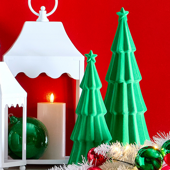 Raz 14" Green Tiered Flocked Trees Christmas Decoration Set of 2 4523131 Raz 14" Green Tiered Flocked Trees Christmas Decoration Set of 2 4523131