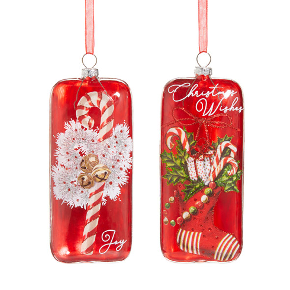 Raz 5.5" Magic Of Christmas Rectangle Glass Candy Cane Christmas Ornament Set of 2  4525039