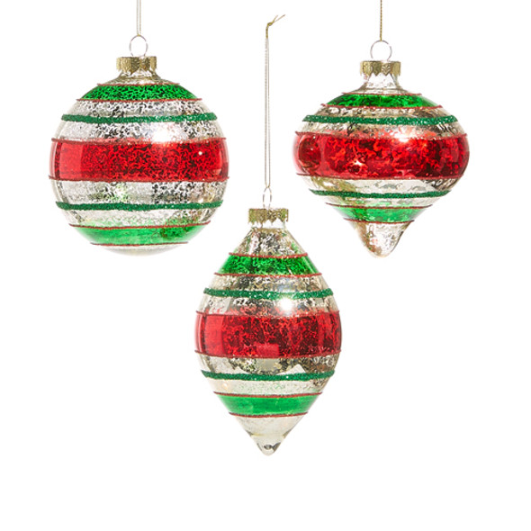 Raz 4" Red, Green and Silver Striped Glass Christmas Ornament 4525409