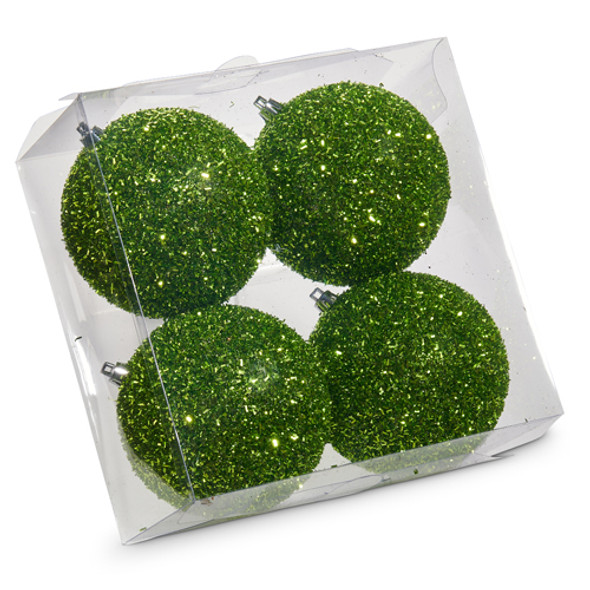 Raz 4" Box of 4 Green Glittered Ball Christmas Ornament 4533502 Raz 4" Box of 4 Green Glittered Ball Christmas Ornament 4533502