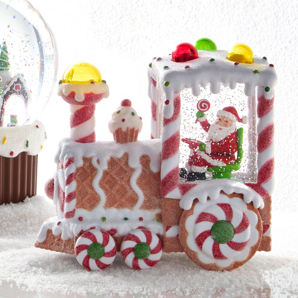 Raz 7.5" Santa Lighted Water Globe Gingerbread Train Christmas Decoration 4540520 Raz 7.5" Santa Lighted Water Globe Gingerbread Train Christmas Decoration 4540520