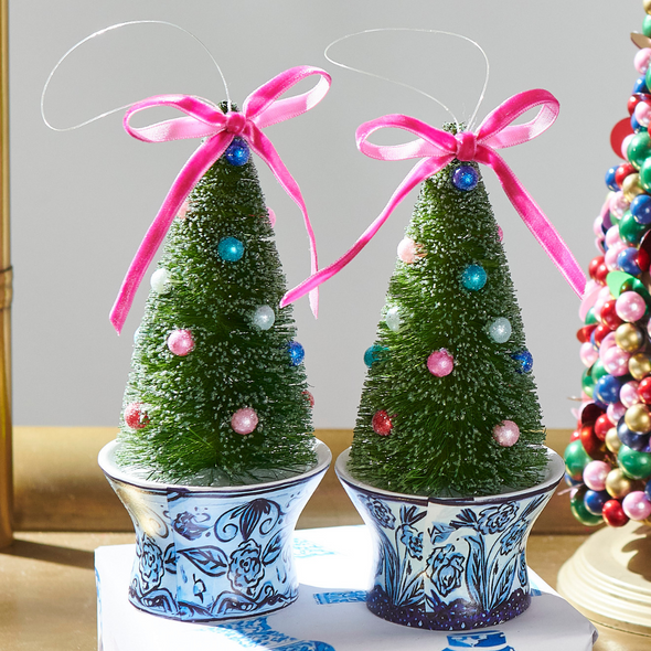 Raz 6" Bottle Brush Trees in Chinoiserie Delft Pot Christmas Ornament Set of 2  4546021