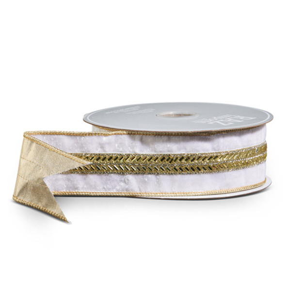 Raz 2.5" Gold and White Velvet Jeweled Wired Christmas Ribbon R4527747