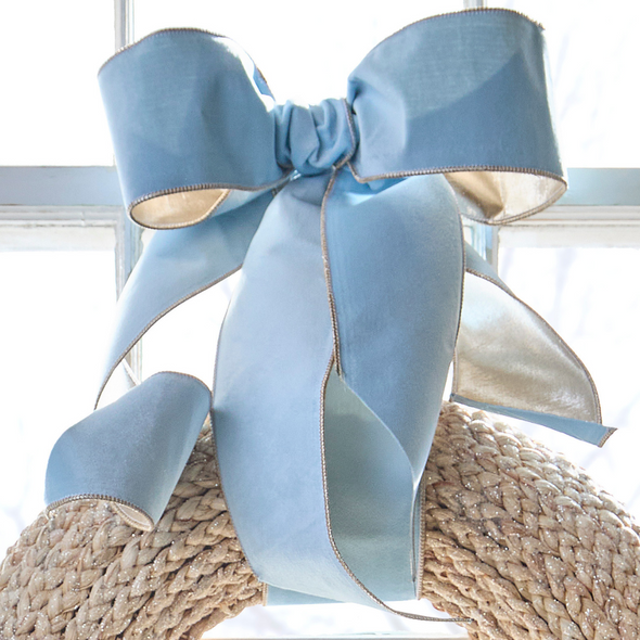 Raz 4" Blue Velvet with Champagne Back Wired Christmas Ribbon R4527831 Raz 4" Blue Velvet with Champagne Back Wired Christmas Ribbon R4527831