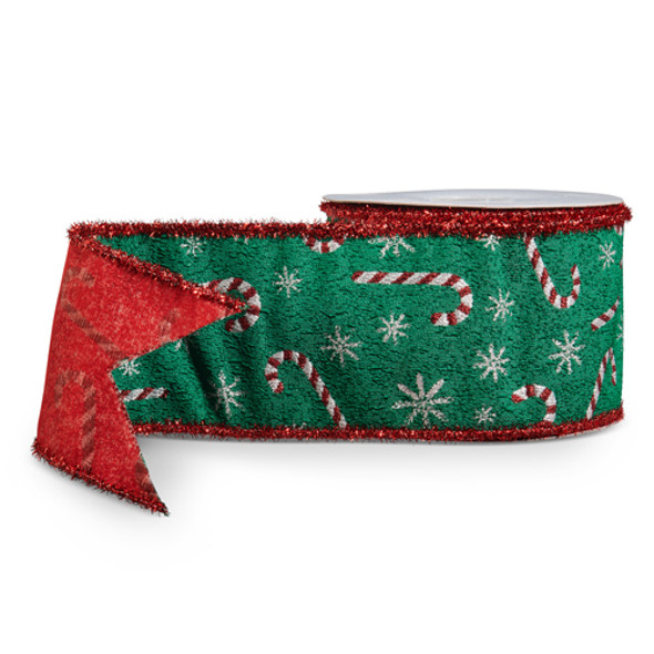 Raz 4" Candy Cane with Tinsel Edge Green and Red Wired Christmas Ribbon R4552155 Raz 4" Candy Cane with Tinsel Edge Green and Red Wired Christmas Ribbon R4552155