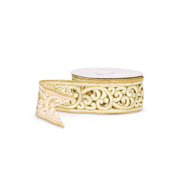 Raz 2.5" White and Gold Scroll Lace Wired Christmas Ribbon R4571873