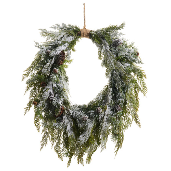 Raz 29" Flocked Oval Cedar and Mini Pinecone Christmas Wreath W4511583 Raz 29" Flocked Oval Cedar and Mini Pinecone Christmas Wreath W4511583
