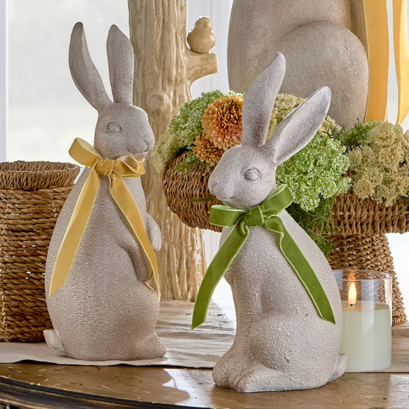 Raz 14.5" Set of 2 Concrete Look Rabbit Figure with Bow Spring Easter Decoration 4611305