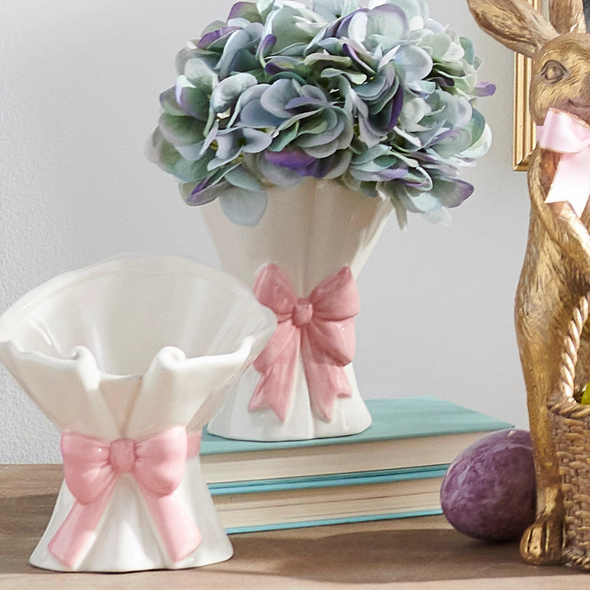 Raz 6.25" or 8.5" White Planter Pink Bow Spring Decoration