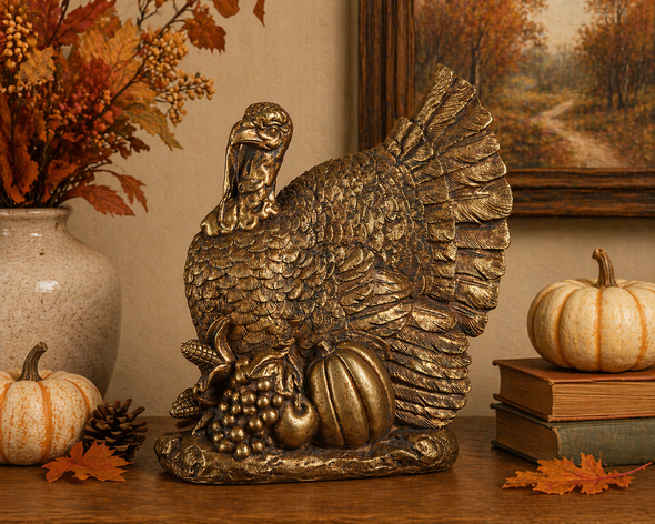 Raz 8.5" Antique Gold Turkey with Harvest Fall Figure Decoration 4612162-2