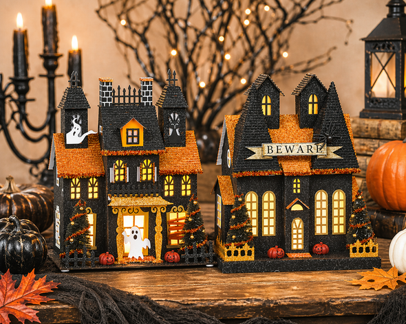 Raz 11.5" Lighted Paper Haunted House Set of 2 Halloween Decoration 4615543-2