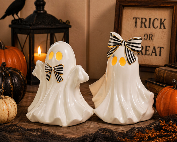 Raz 9.5" Lighted Ghosts with Bows Set of 2 Halloween Figures 4617755-2