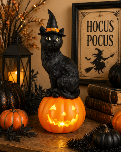Raz 16.5" Black Cat on Lighted Jack-O-Lantern Halloween Decoration 4617756-2